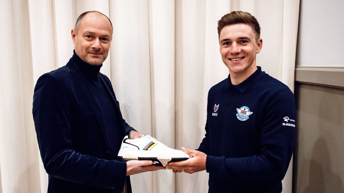 Soudal Quick-Step auctions exclusive Safety Jogger rainbow sneakers signed by Remco Evenepoel